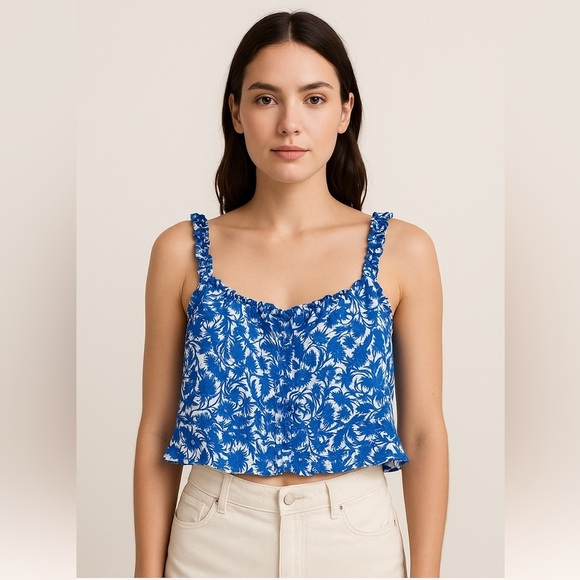 Zara Tops - Zara Blue & White Floral Ruffle Crop Tank Top - Size Medium